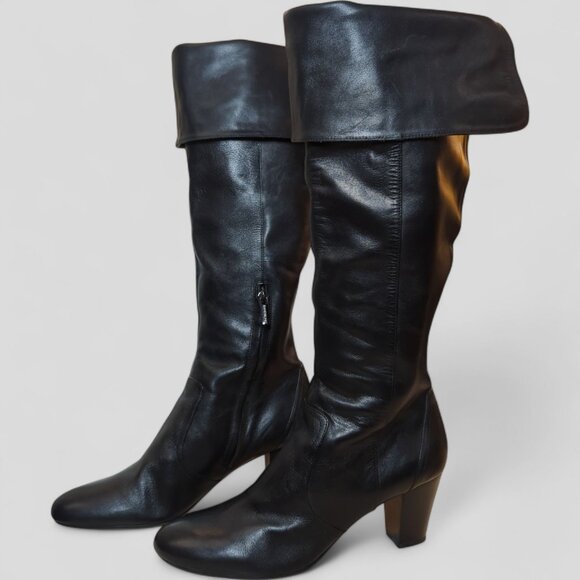 Bandolino Boots Womens size 10 Tall Black Cuffed Pirate Leather Fold Over Knee - Picture 1 of 13